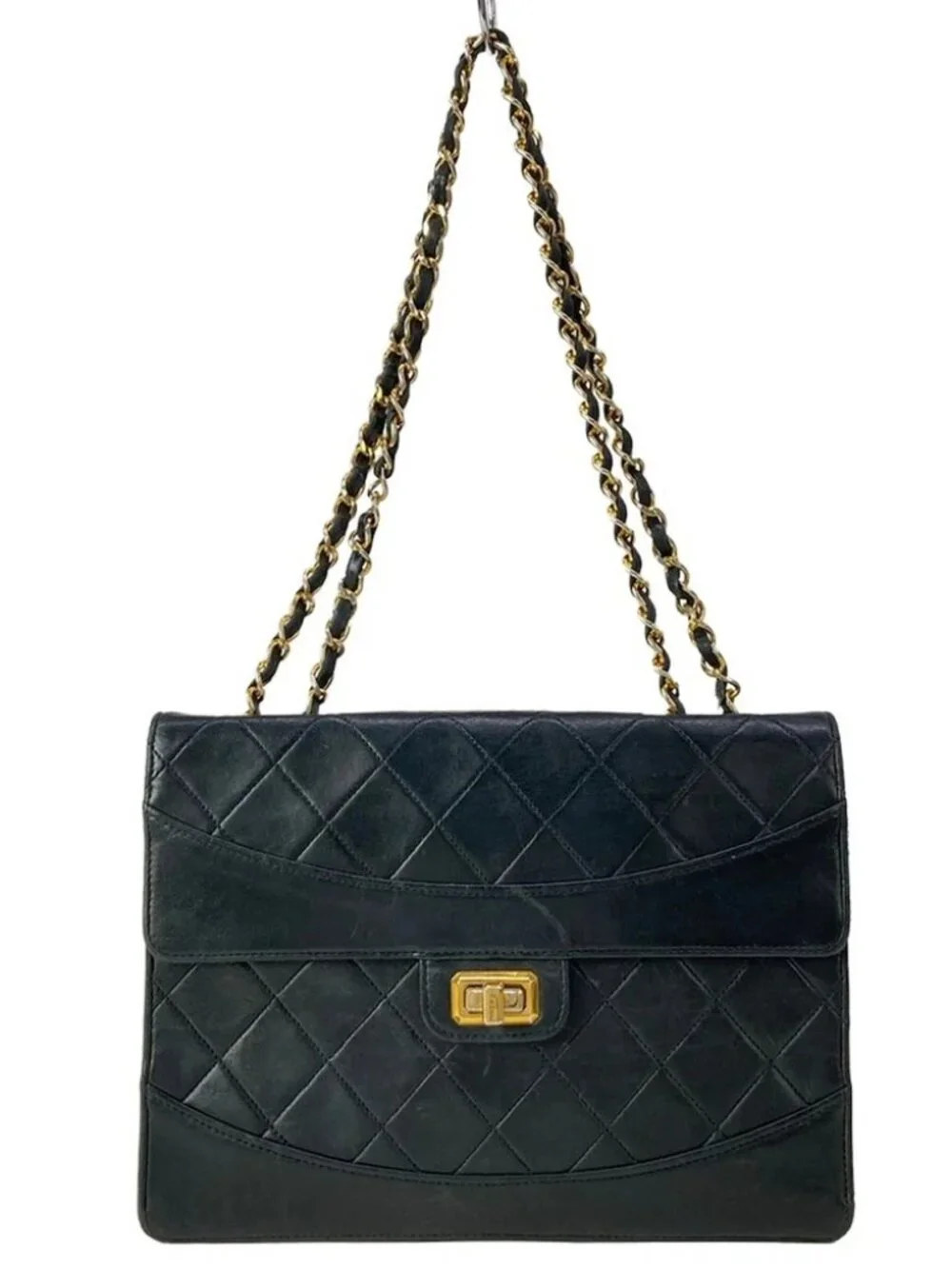 CHANEL Matelasse Black Lambskin Shoulder Bag Gold hardware